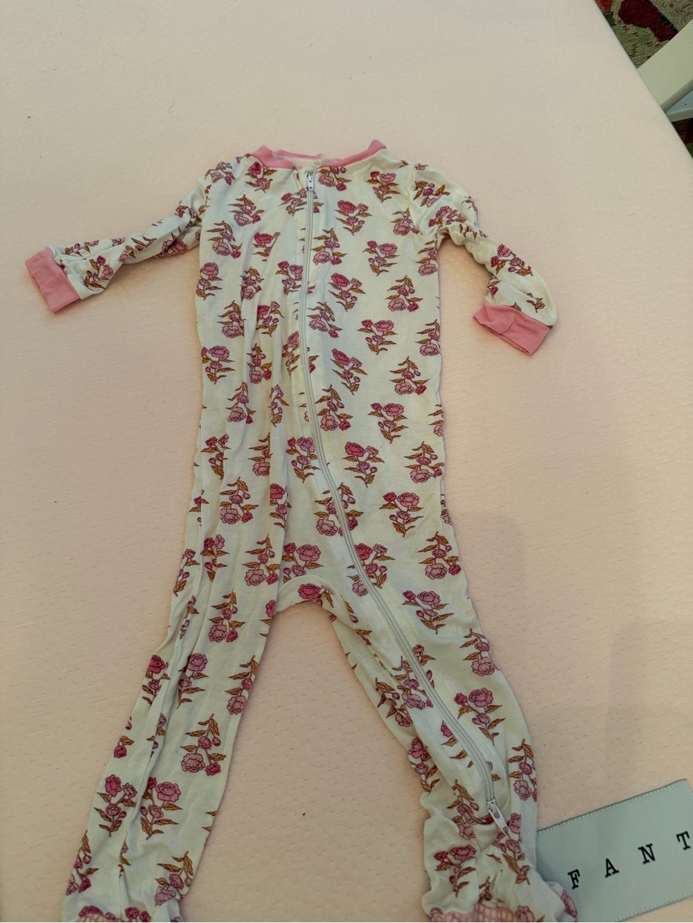 Floral Pink and White Baby Footie with Zip